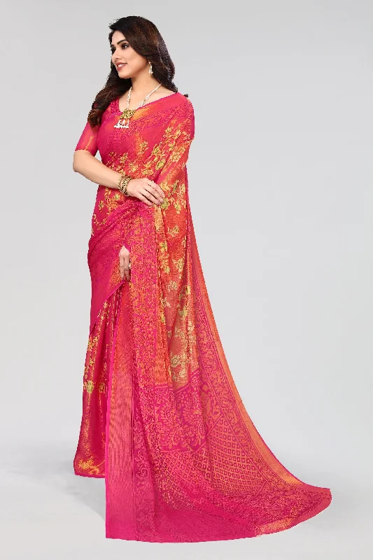 NOZ2TOZ Women Party Wear Printed Brasso Chiffon Saree with Unstitched Blouse - Pink Off-Shoulder Wrap Blouse NOZ2TOZ Women Party Wear Printed Brasso Chiffon Saree with Unstitched Blouse - Pink Off-Shoulder Wrap Blouse