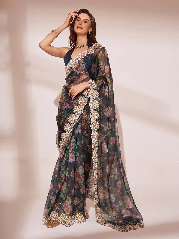 NOZ2TOZ Women Party Wear Printed Jimmy Choo Silk Saree with Unstitched Blouse - Black Modern Work Blouse NOZ2TOZ Women Party Wear Printed Jimmy Choo Silk Saree with Unstitched Blouse - Black Modern Work Blouse
