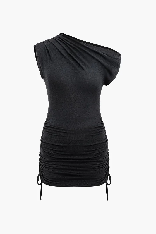 Ruched Asymmetry Neck Tie Knot Mini Dress Elegant Silk Mini Dress