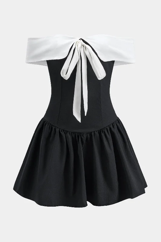 Contrast Pleated Bow Tie-Up Zipper Off Shoulder Mini Dress Trendy Denim Mini Dress