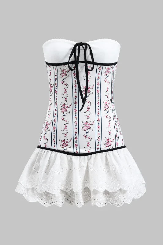 Flower Pattern Patchwork Ruched Tie Front Strapless Mini Dress Elegant Off-Shoulder Dress Mini Flower Pattern Patchwork Ruched Tie Front Strapless Mini Dress Elegant Off-Shoulder Dress Mini