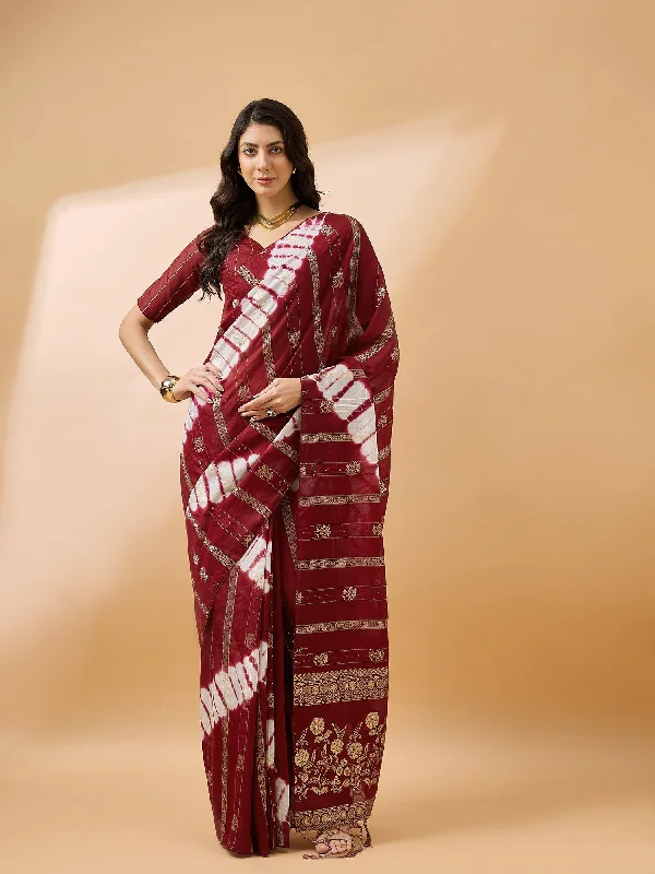 NOZ2TOZ Women Party Wear Cotton Saree with Unstitched Blouse - Red Collared Satin Blouse NOZ2TOZ Women Party Wear Cotton Saree with Unstitched Blouse - Red Collared Satin Blouse