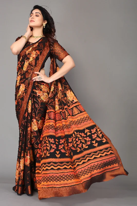 NOZ2TOZ Women Party Wear Printed Brasso Chiffon Saree with Unstitched Blouse - Black Satin Long Blouse NOZ2TOZ Women Party Wear Printed Brasso Chiffon Saree with Unstitched Blouse - Black Satin Long Blouse