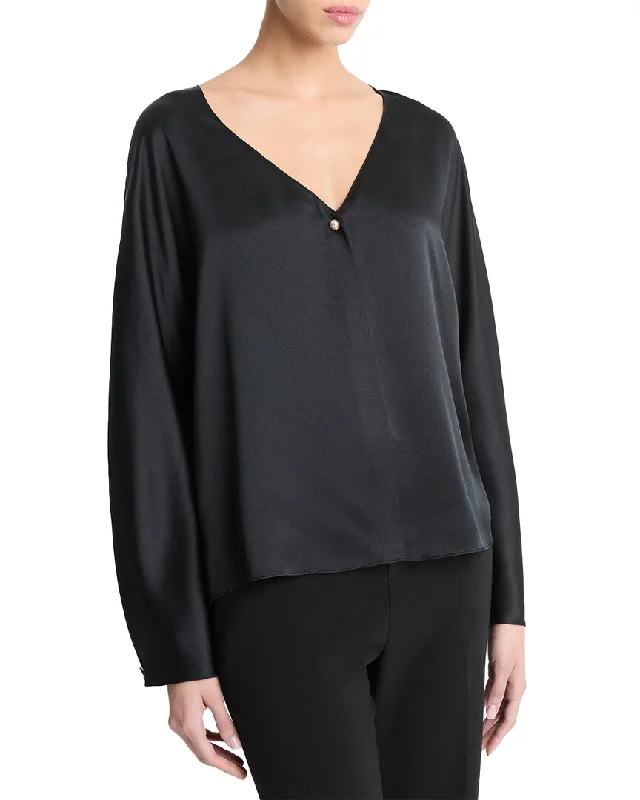 Vince V-Neck Pearl Silk Blouse Vintage Polka Blouse