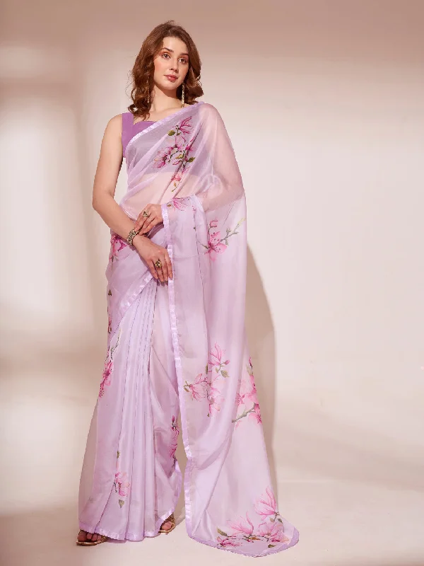 NOZ2TOZ Women Party Wear Printed Organza Saree with Unstitched Blouse - Purple Feminine Ruffle Blouse NOZ2TOZ Women Party Wear Printed Organza Saree with Unstitched Blouse - Purple Feminine Ruffle Blouse