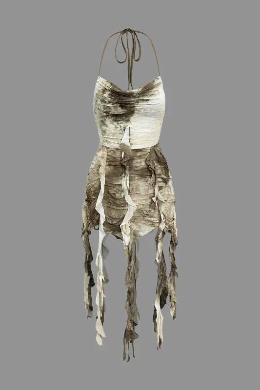 Tie Dye Print Fringe Tie Back Mini Dress Stylish Ruffle Mini Dress