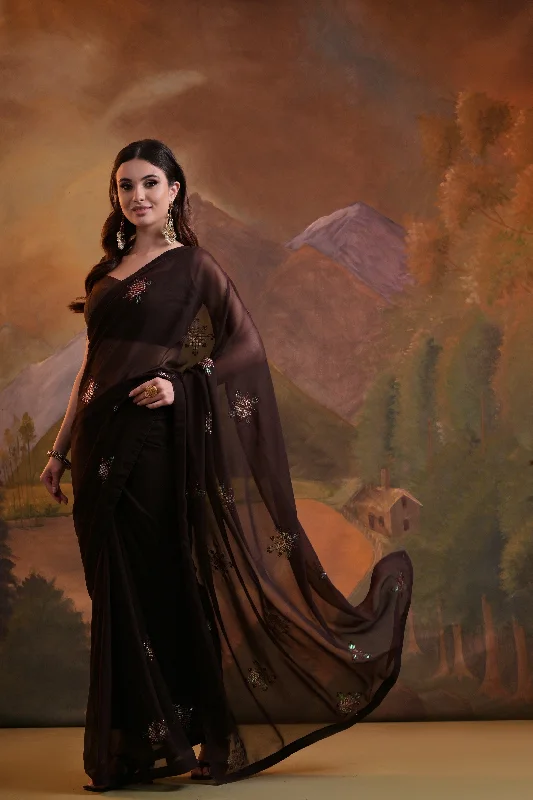 NOZ2TOZ Women Party Wear Sequence Embroidery Worked Georgette Saree with Unstitched Blouse - Coffee Double-Layered Blouse NOZ2TOZ Women Party Wear Sequence Embroidery Worked Georgette Saree with Unstitched Blouse - Coffee Double-Layered Blouse