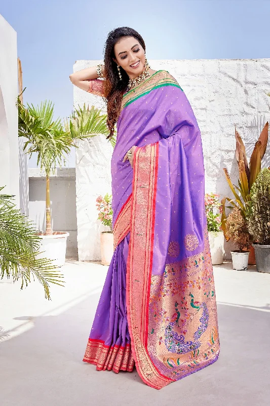 NOZ2TOZ Women Wedding Wear Zari Weaving Paithani Silk Saree with Unstitched Blouse - Purple Sheer Sleeve Blouse NOZ2TOZ Women Wedding Wear Zari Weaving Paithani Silk Saree with Unstitched Blouse - Purple Sheer Sleeve Blouse