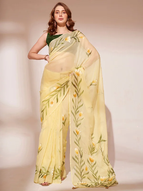 NOZ2TOZ Women Party Wear Organza Saree with Unstitched Blouse - Yellow Satin Long Blouse NOZ2TOZ Women Party Wear Organza Saree with Unstitched Blouse - Yellow Satin Long Blouse