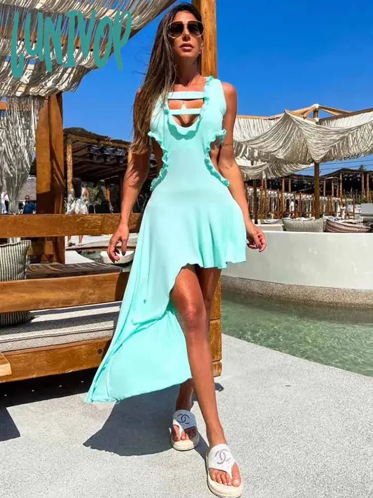Lunivop Solid Mini Dress Strap Party Clubwear Elegant Hollow Out Dresses For Women Backless Sexy Short Dresses Sleeveless Slim Outfits Stylish Sweetheart Neck Mini Dress