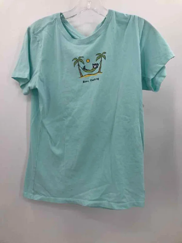 Pre-Owned Life Is Good Blue Size Small Graphic T-shirt-- Asymmetrical Pockets Print