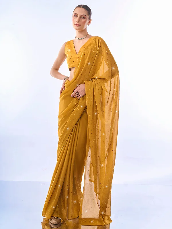 NOZ2TOZ Women Party Wear Rangoli Saree with Unstitched Blouse - Mustard Vintage Polka Blouse
