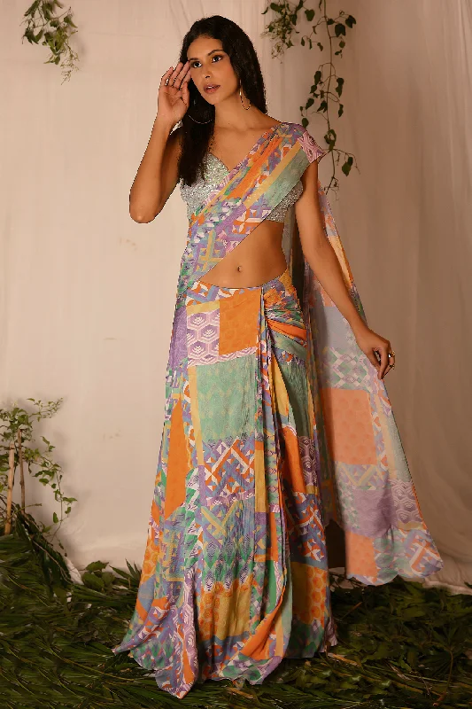 Holographic Hand-embroidered Blouse with Printed Draped Saree Cotton Casual Blouse