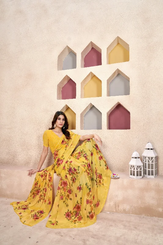 NOZ2TOZ Women Casual Wear Printed Weight Less Saree with Unstitched Blouse - Yellow Elegant Silk Blouse NOZ2TOZ Women Casual Wear Printed Weight Less Saree with Unstitched Blouse - Yellow Elegant Silk Blouse