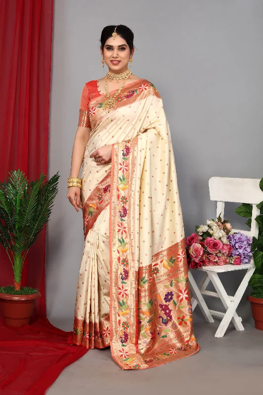 NOZ2TOZ Women Wedding Wear Zari Weaving Paithani Silk Saree with Unstitched Blouse - Off White Satin Drape Blouse NOZ2TOZ Women Wedding Wear Zari Weaving Paithani Silk Saree with Unstitched Blouse - Off White Satin Drape Blouse