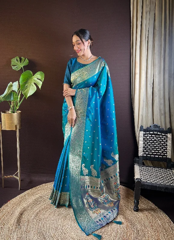 NOZ2TOZ Women Party Wear Zari Weaving Paithani Silk Saree with Unstitched Blouse - Blue Off-Shoulder Wrap Blouse NOZ2TOZ Women Party Wear Zari Weaving Paithani Silk Saree with Unstitched Blouse - Blue Off-Shoulder Wrap Blouse