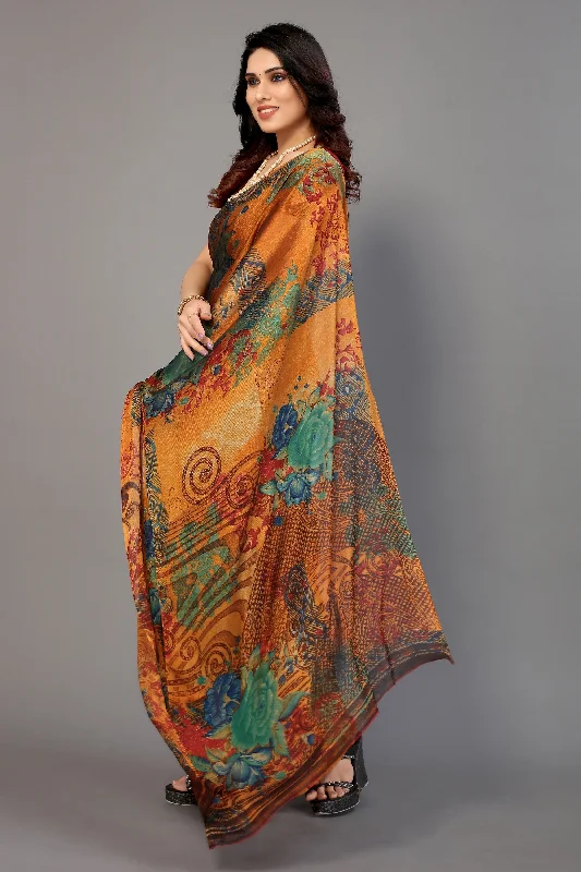 NOZ2TOZ Women Party Wear Printed Chiffon Silk Saree with Unstitched Blouse - Orange Versatile Layering Blouse NOZ2TOZ Women Party Wear Printed Chiffon Silk Saree with Unstitched Blouse - Orange Versatile Layering Blouse