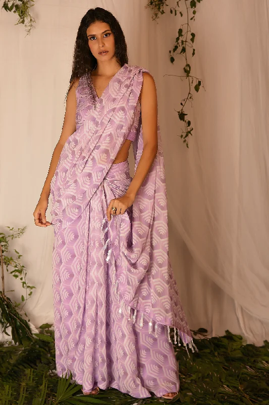 Hand-embroidered Printed Blouse with Draped Saree Satin Long Blouse