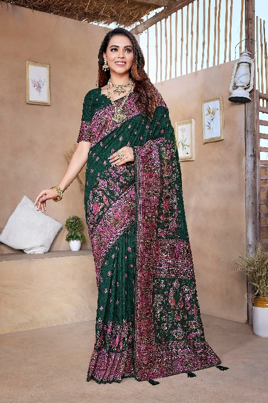 NOZ2TOZ Women Wedding Wear Jacquard Weaving Worked Pure Pashmina Saree with Unstitched Blouse - Green Subtle Shimmer Blouse NOZ2TOZ Women Wedding Wear Jacquard Weaving Worked Pure Pashmina Saree with Unstitched Blouse - Green Subtle Shimmer Blouse
