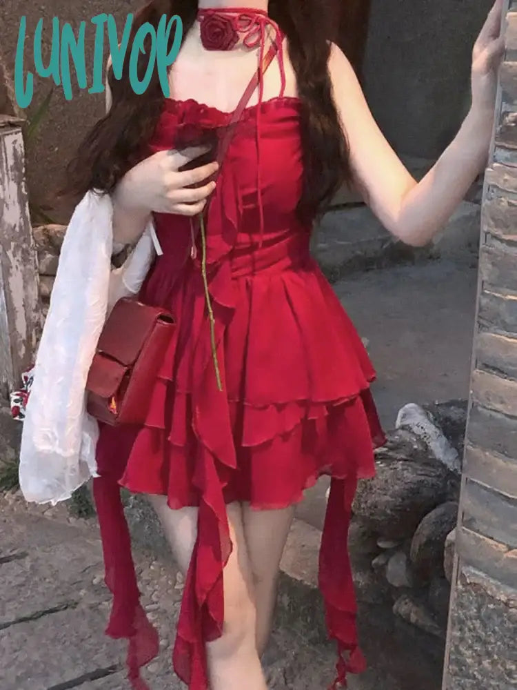Lunivop Summer Red Sexy Suspender Dress Women Korean Style Elegant Party Mini Dress Female Ruffle Flounce Korean Fashion Dress New Cozy Knitted Mini Dress Lunivop Summer Red Sexy Suspender Dress Women Korean Style Elegant Party Mini Dress Female Ruffle Flounce Korean Fashion Dress New Cozy Knitted Mini Dress
