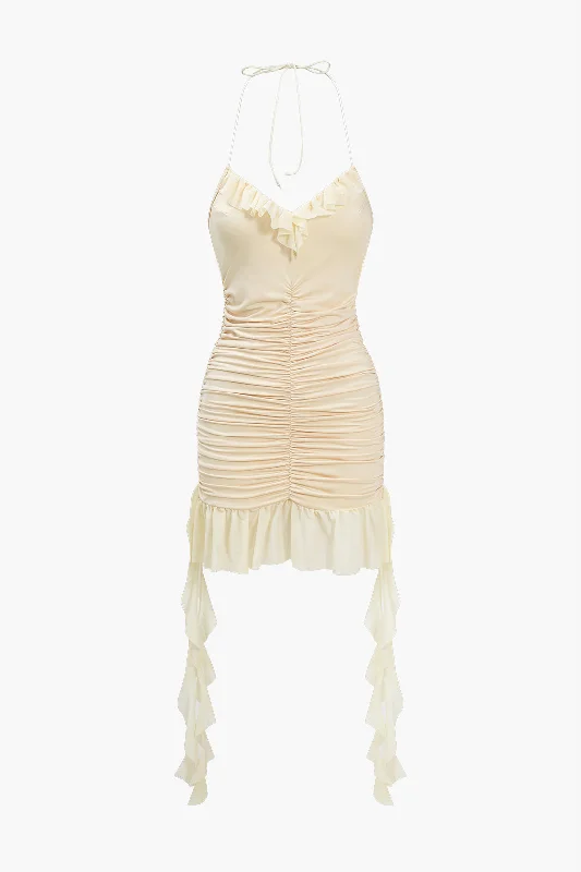 Mesh Ruffle Ruched Tie-Up Backless Mini Dress Trendy Bodycon Mini Dress