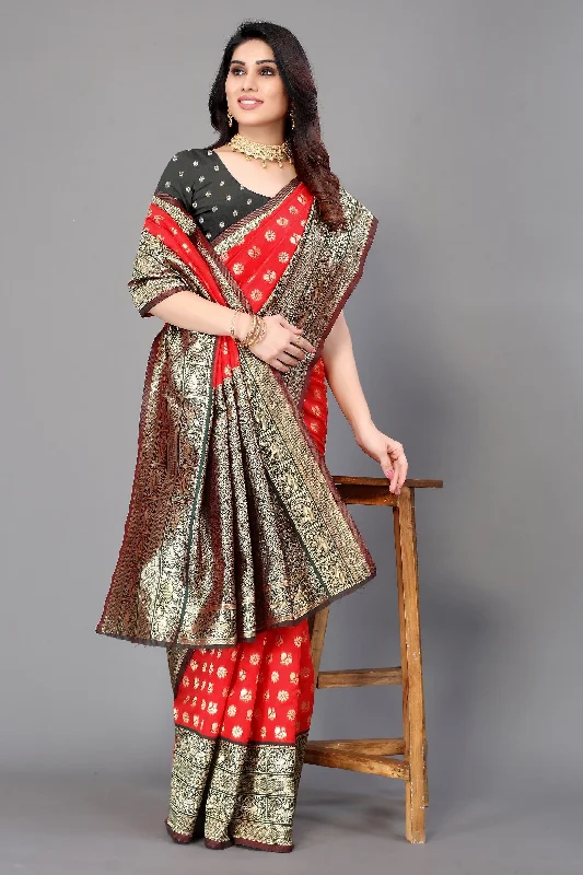 NOZ2TOZ Women Party Wear Bandhani Style Banarasi Silk Saree with Unstitched Blouse - Red Asymmetric Hem Blouse NOZ2TOZ Women Party Wear Bandhani Style Banarasi Silk Saree with Unstitched Blouse - Red Asymmetric Hem Blouse