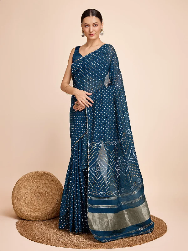 NOZ2TOZ Women Party Wear Semi Cotton Silk Saree with Unstitched Blouse - Navy Blue Frilled Cuff Blouse