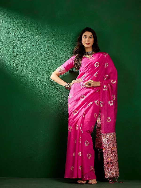 NOZ2TOZ Women Party Wear Dola Cotton Saree with Unstitched Blouse - Pink Sheer Mesh Blouse NOZ2TOZ Women Party Wear Dola Cotton Saree with Unstitched Blouse - Pink Sheer Mesh Blouse