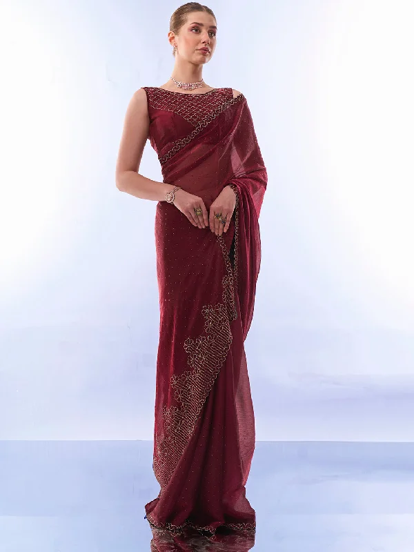 NOZ2TOZ Women Party Wear Printed Premium Organza Saree with Unstitched Blouse - Maroon Mandarin Collar Blouse NOZ2TOZ Women Party Wear Printed Premium Organza Saree with Unstitched Blouse - Maroon Mandarin Collar Blouse