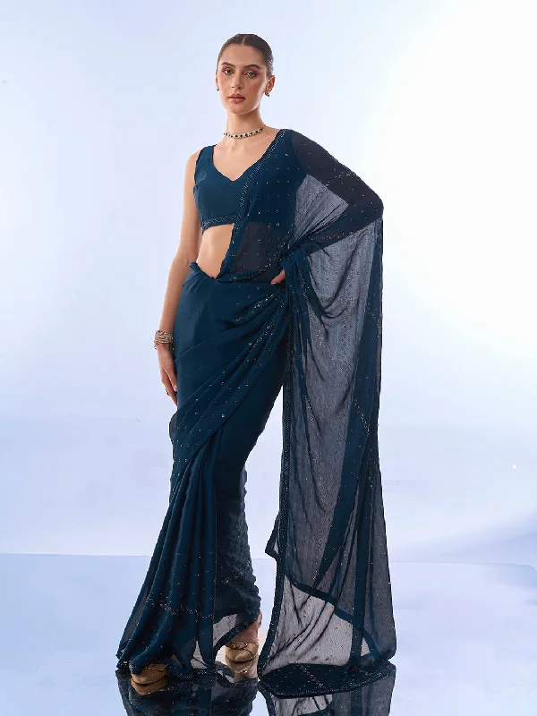 NOZ2TOZ Women Party Wear Satin Chiffon Saree with Unstitched Blouse - Petrol Green Chic Ruffle Blouse NOZ2TOZ Women Party Wear Satin Chiffon Saree with Unstitched Blouse - Petrol Green Chic Ruffle Blouse