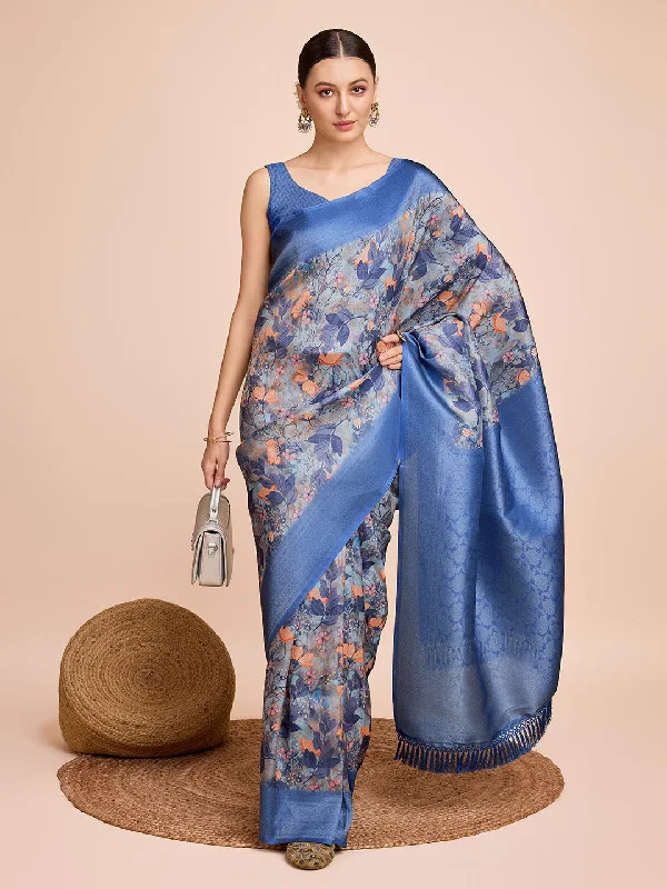 NOZ2TOZ Women Party Wear Semi Kanjivaram Silk Ready to Wear Saree with Unstitched Blouse(Size Up to 42) - Blue Gathered Detail Blouse NOZ2TOZ Women Party Wear Semi Kanjivaram Silk Ready to Wear Saree with Unstitched Blouse(Size Up to 42) - Blue Gathered Detail Blouse