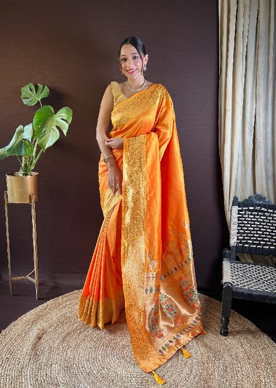 NOZ2TOZ Women Party Wear Zari Weaving Paithani Silk Saree with Unstitched Blouse - Mustard Soft Satin Blouse