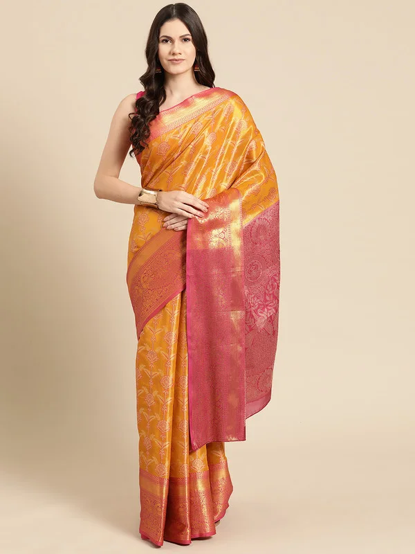 Mustard Brocade Zari Woven Floral Saree with Unstitched Blouse - Hiral Fashion Stretchy Fitted Blouse