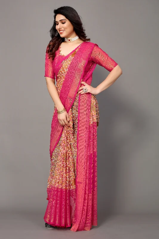 NOZ2TOZ Women Party Wear Printed Brasso Chiffon Saree with Unstitched Blouse - Pink Lightweight Chiffon Blouse NOZ2TOZ Women Party Wear Printed Brasso Chiffon Saree with Unstitched Blouse - Pink Lightweight Chiffon Blouse