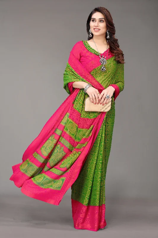 NOZ2TOZ Women Party Wear Printed Brasso Chiffon Saree with Unstitched Blouse - Light Green Versatile Layering Blouse NOZ2TOZ Women Party Wear Printed Brasso Chiffon Saree with Unstitched Blouse - Light Green Versatile Layering Blouse