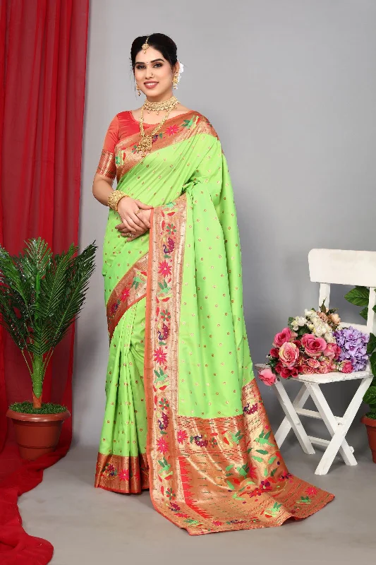 NOZ2TOZ Women Wedding Wear Zari Weaving Paithani Silk Saree with Unstitched Blouse - Light Parrot Green Peter Pan Blouse NOZ2TOZ Women Wedding Wear Zari Weaving Paithani Silk Saree with Unstitched Blouse - Light Parrot Green Peter Pan Blouse