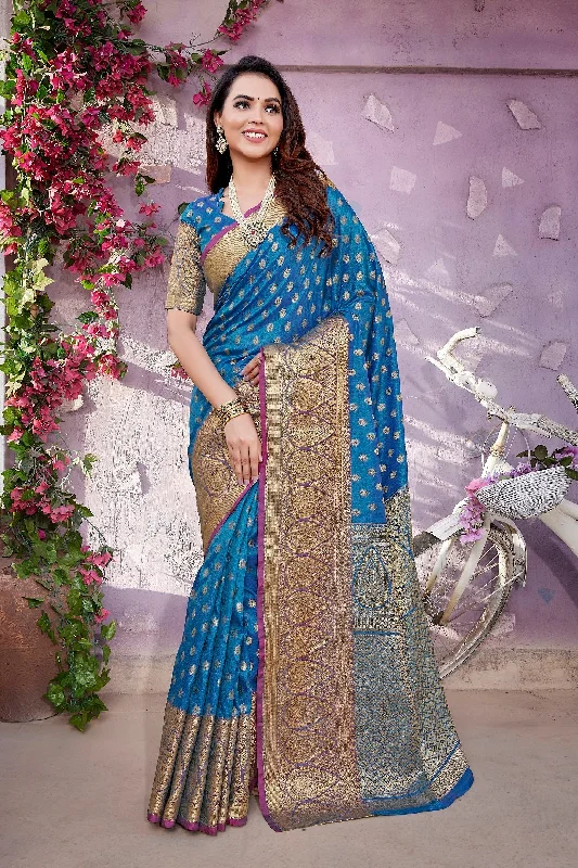 NOZ2TOZ Women Party Wear Pure Zari Silk Saree with Unstitched Blouse - Blue Chic Sleeveless Blouse NOZ2TOZ Women Party Wear Pure Zari Silk Saree with Unstitched Blouse - Blue Chic Sleeveless Blouse