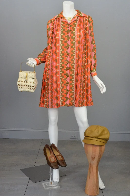 1960's MOD Mini Dress Knife Pleated Sheer Retro Novelty Print Mini Dress Tunic Comfortable Boho Mini Dress