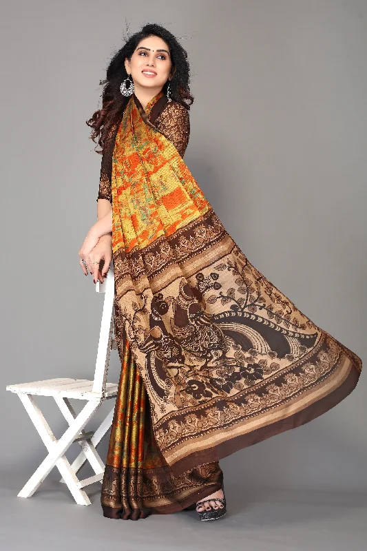 NOZ2TOZ Women Party Wear Printed Chiffon Silk Saree with Unstitched Blouse - Brown & Orange Frilled Cuff Blouse NOZ2TOZ Women Party Wear Printed Chiffon Silk Saree with Unstitched Blouse - Brown & Orange Frilled Cuff Blouse