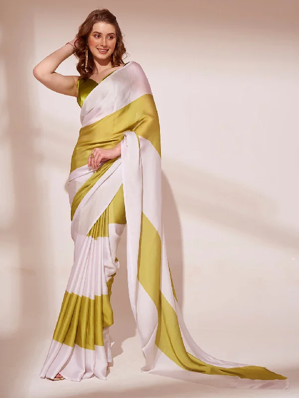 NOZ2TOZ Women Party Wear Printed Ready to Wear Satin Georgette Saree with Unstitched Blouse(Size up to 42) - Off White & Green Subtle Shimmer Blouse NOZ2TOZ Women Party Wear Printed Ready to Wear Satin Georgette Saree with Unstitched Blouse(Size up to 42) - Off White & Green Subtle Shimmer Blouse
