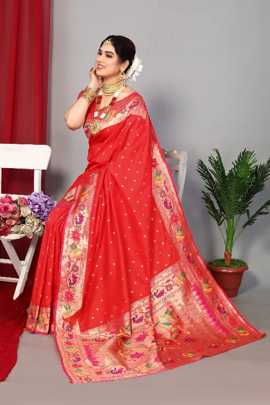 NOZ2TOZ Women Wedding Wear Zari Weaving Paithani Silk Saree with Unstitched Blouse - Red Feminine Tie Blouse NOZ2TOZ Women Wedding Wear Zari Weaving Paithani Silk Saree with Unstitched Blouse - Red Feminine Tie Blouse