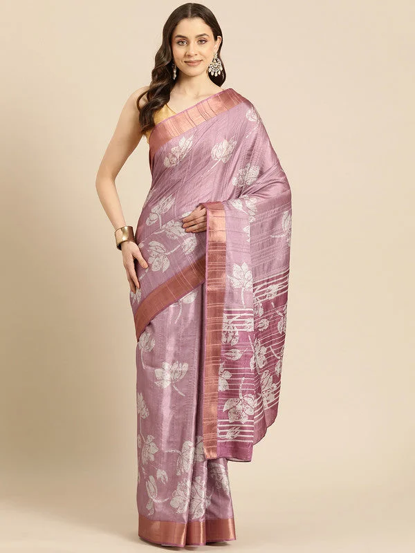 Purple Silk Blend Digital Print Floral Saree with Unstitched Blouse - Hiral Fashion Feminine Tie Blouse