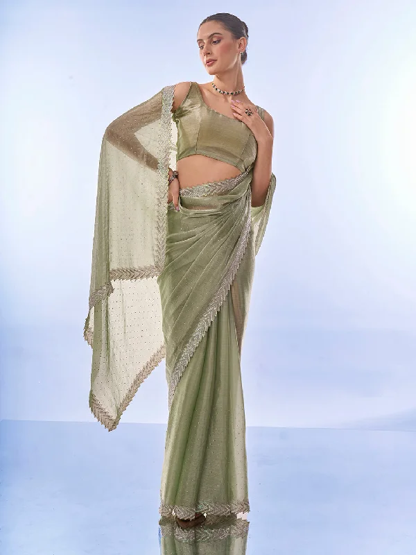 NOZ2TOZ Women Party Wear Printed Premium Organza Saree with Unstitched Blouse - Mahendi Green Off-Shoulder Wrap Blouse NOZ2TOZ Women Party Wear Printed Premium Organza Saree with Unstitched Blouse - Mahendi Green Off-Shoulder Wrap Blouse