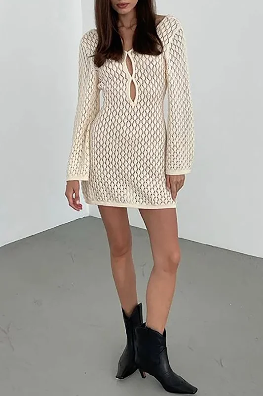 Knitted Cut Out Backless Long Sleeve Mini Dress Fashionable Party Mini Dress