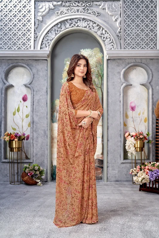 NOZ2TOZ Women Casual Wear Printed Weight Less Saree with Unstitched Blouse - Brown Double Button Blouse NOZ2TOZ Women Casual Wear Printed Weight Less Saree with Unstitched Blouse - Brown Double Button Blouse