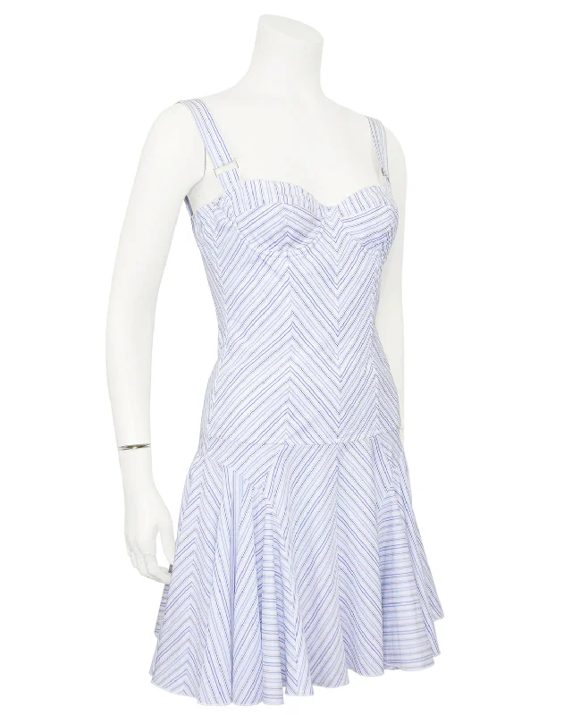 Blue and White Chevron Striped Cotton Mini Dress Fashionable A-Line Mini Dress