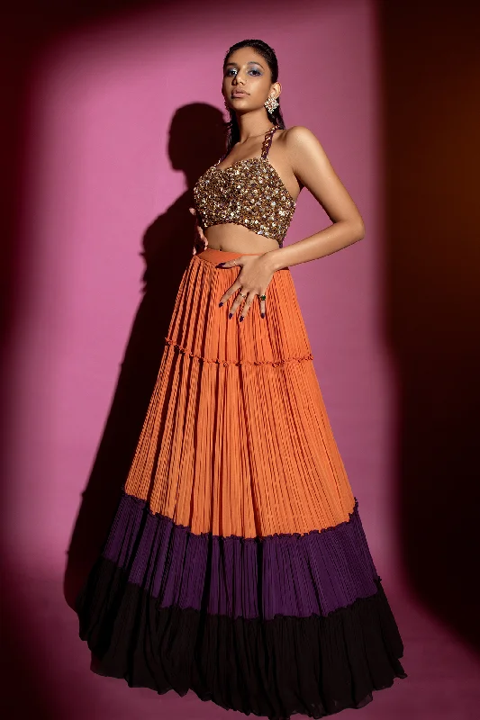 Colour Block Lehenga with Embroidered Blouse and Dupatta Chic Off-Shoulder Blouse