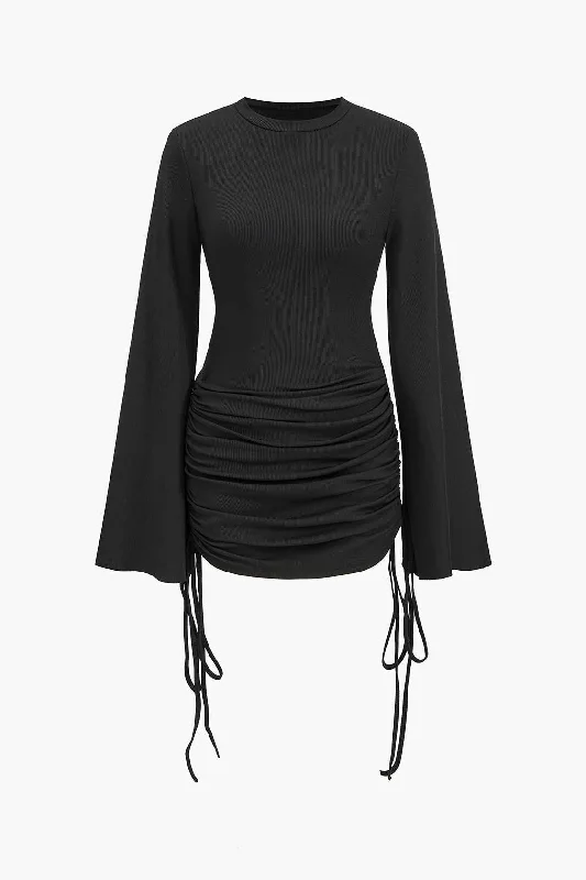 Round Neck Ruched Drawstring Bell Long Sleeve Mini Dress Fashionable Denim Mini Dress Round Neck Ruched Drawstring Bell Long Sleeve Mini Dress Fashionable Denim Mini Dress