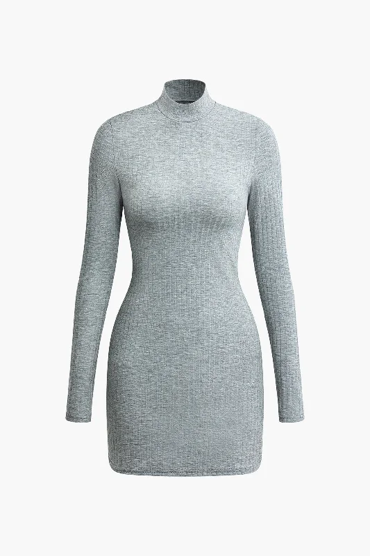 Ruched Mock Neck Slit Long Sleeve Mini Dress Trendy Mini Dress with Belt