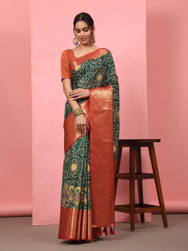 Green Silk Blend Digital Print Bandhani Saree with Unstitched Blouse - Hiral Fashion Ruched Sleeve Blouse
